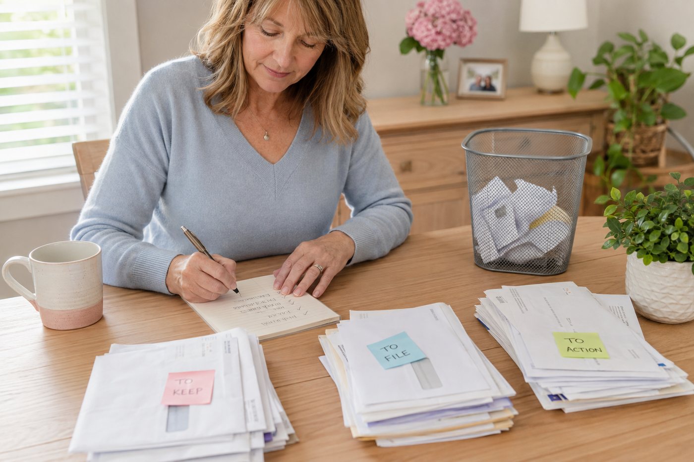 Sorting post into keep, file and action piles at the dining table.