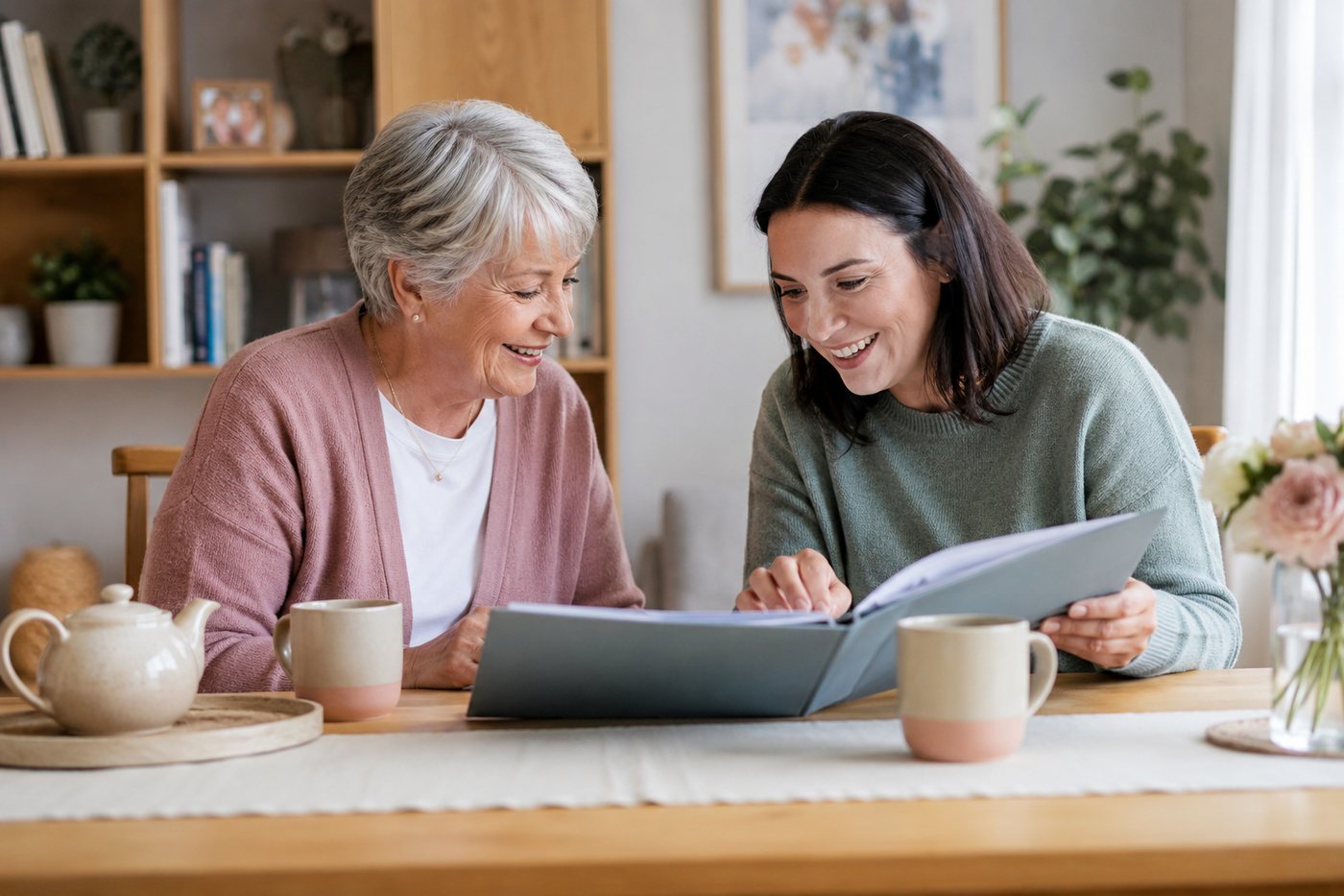 An older and a younger woman going through a binder together over tea.