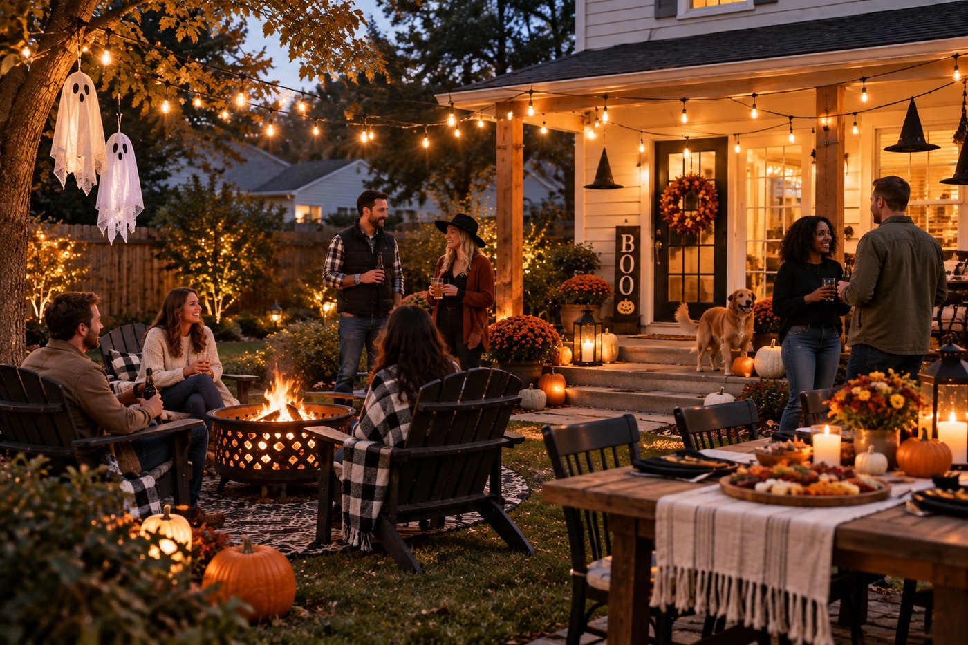 Friends gathered around a lit fire pit in a decorated backyard at dusk, with a long table set behind them.