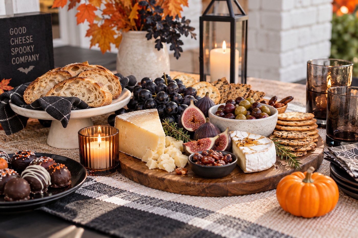 A close view of a Halloween cheese board with figs, dark grapes, crackers, olives and a raised stand of sliced bread.