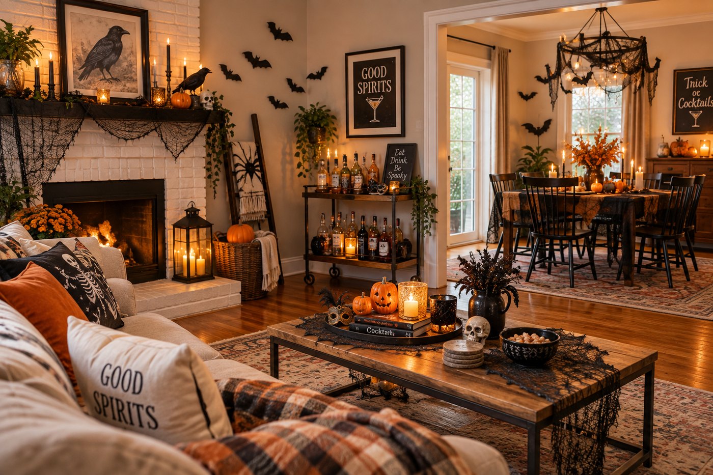 A living room set up for a Halloween cocktail evening, with a bar cart, candlelight and a dark dining table beyond.