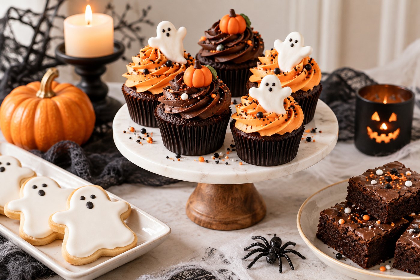 Halloween cupcakes with ghost and pumpkin toppers raised on a marble cake stand beside iced cookies and brownies.