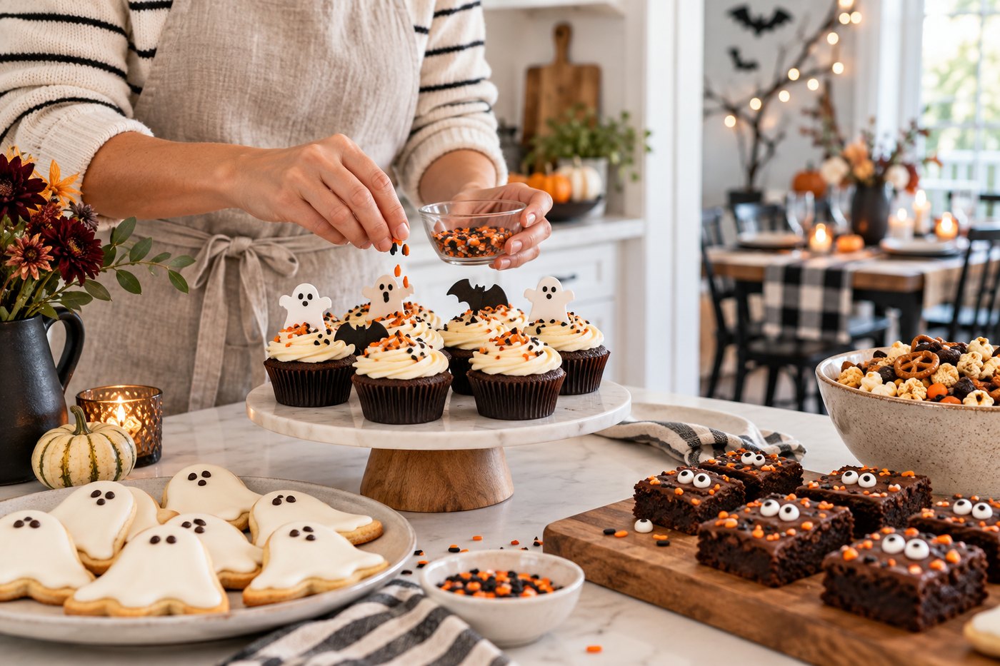 A woman adding sprinkles to ghost-topped cupcakes on a kitchen counter, with iced cookies and brownies nearby.