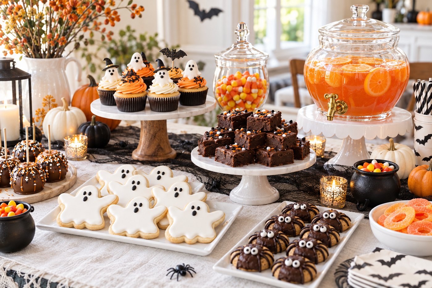 A Halloween dessert table with ghost cookies, brownies, cupcakes on a stand, candy jars and an orange punch dispenser.