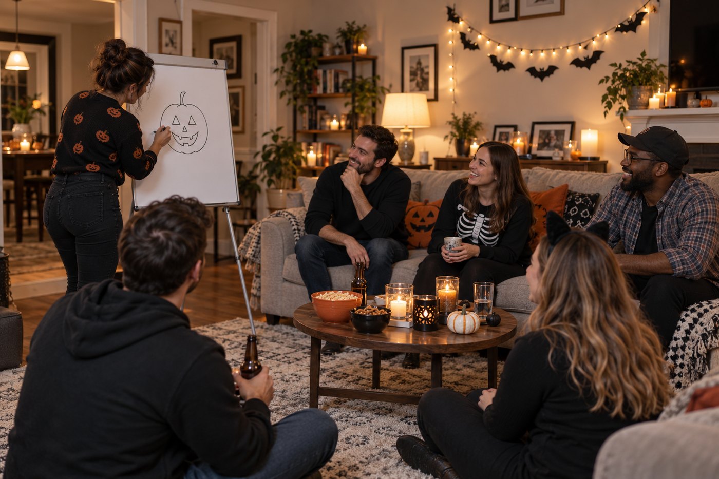 Friends playing a drawing and guessing game in a candlelit living room decorated with paper bats.