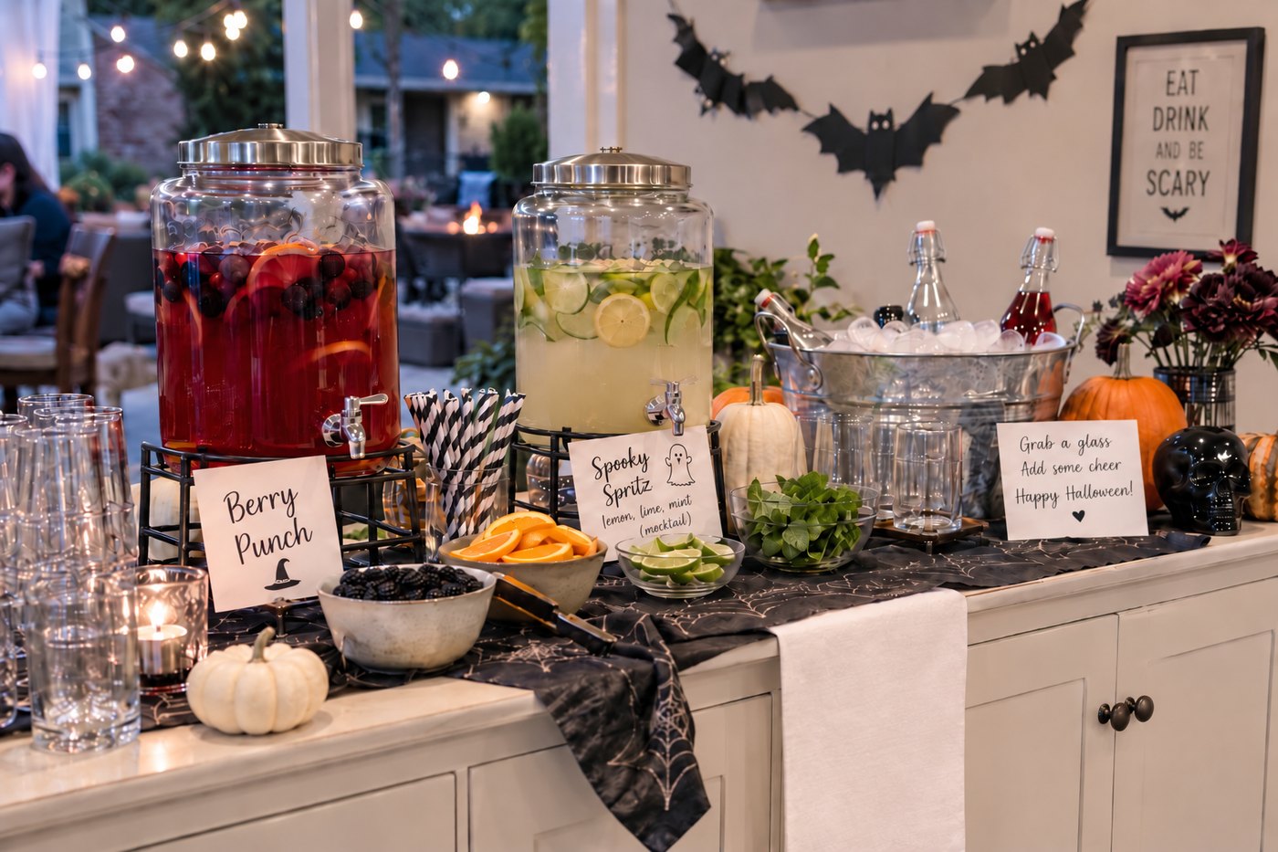 A self-serve Halloween drinks station with two labelled dispensers, ice, sliced citrus and stacked glasses.