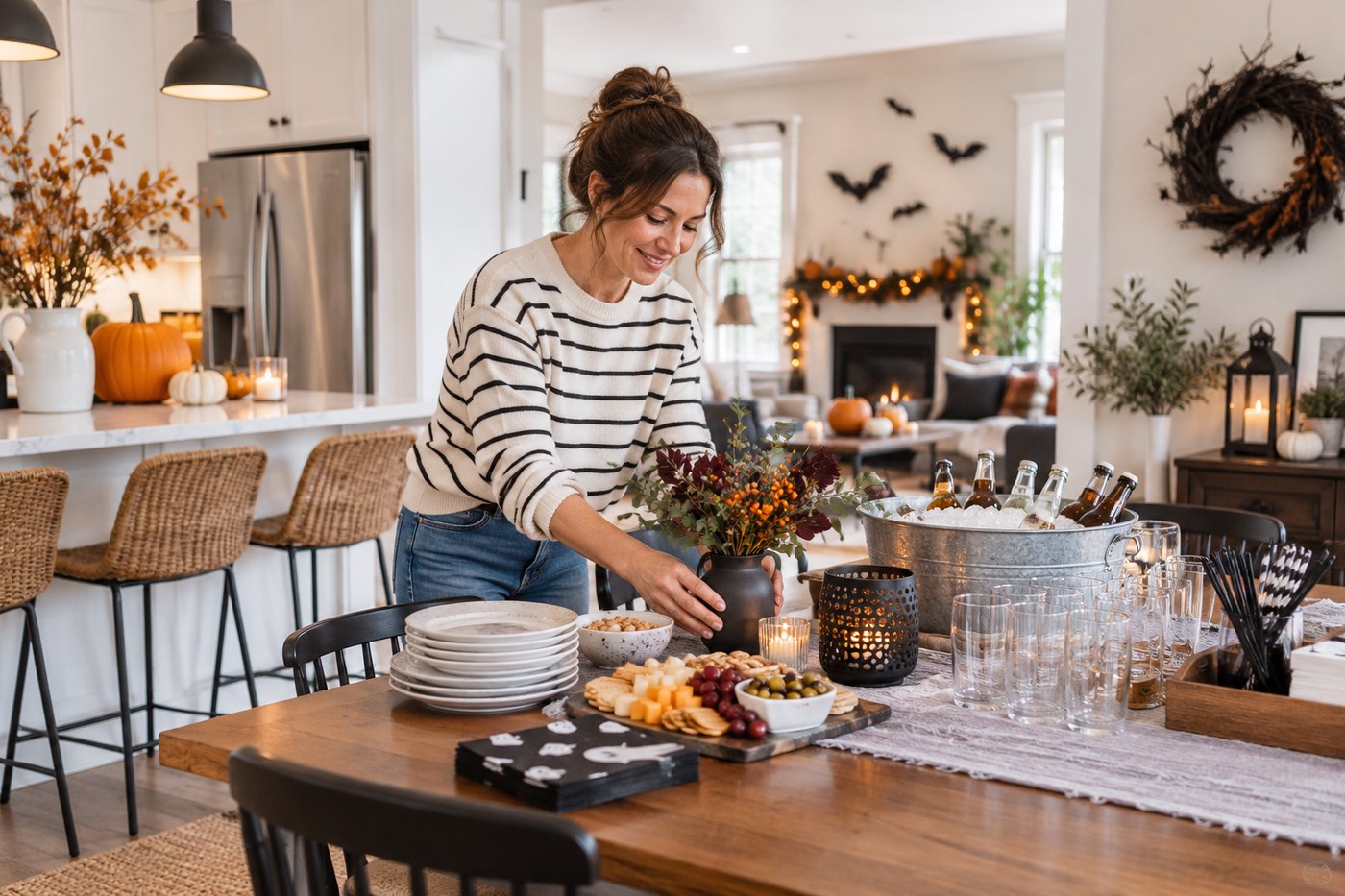 A host adding a vase of flowers to a table already laid with a cheese board, plates, glasses and drinks on ice.