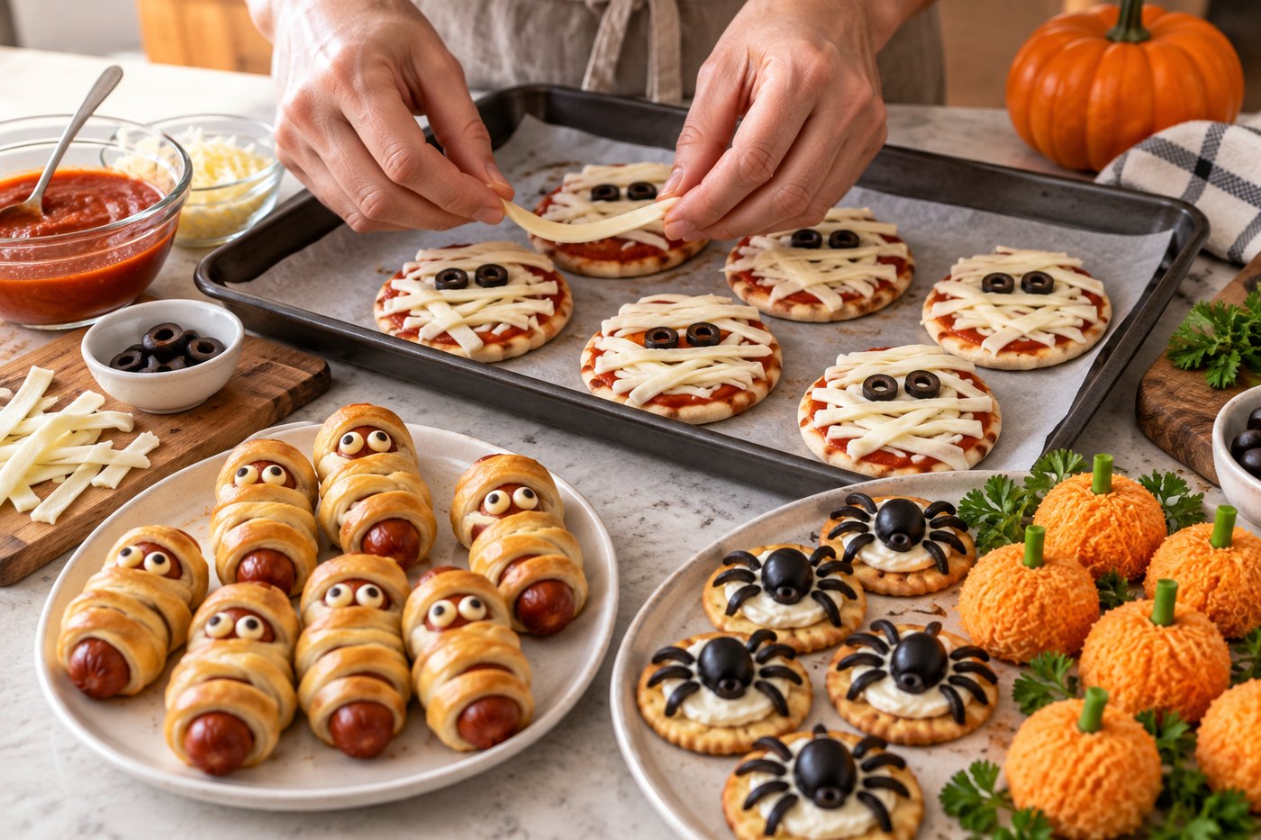 Hands laying strips of mozzarella across mini pizzas on a baking tray, beside mummy hot dogs and olive spider crackers.