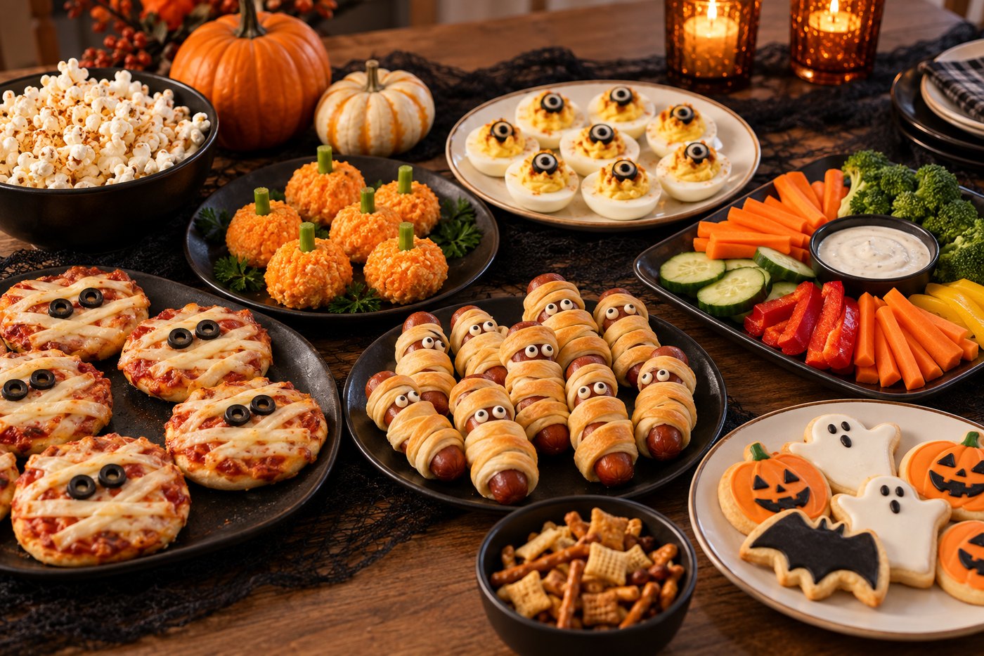 A Halloween party table with mini mummy pizzas, devilled egg eyeballs, mummy hot dogs, cheese-ball pumpkins, a vegetable tray and decorated cookies.