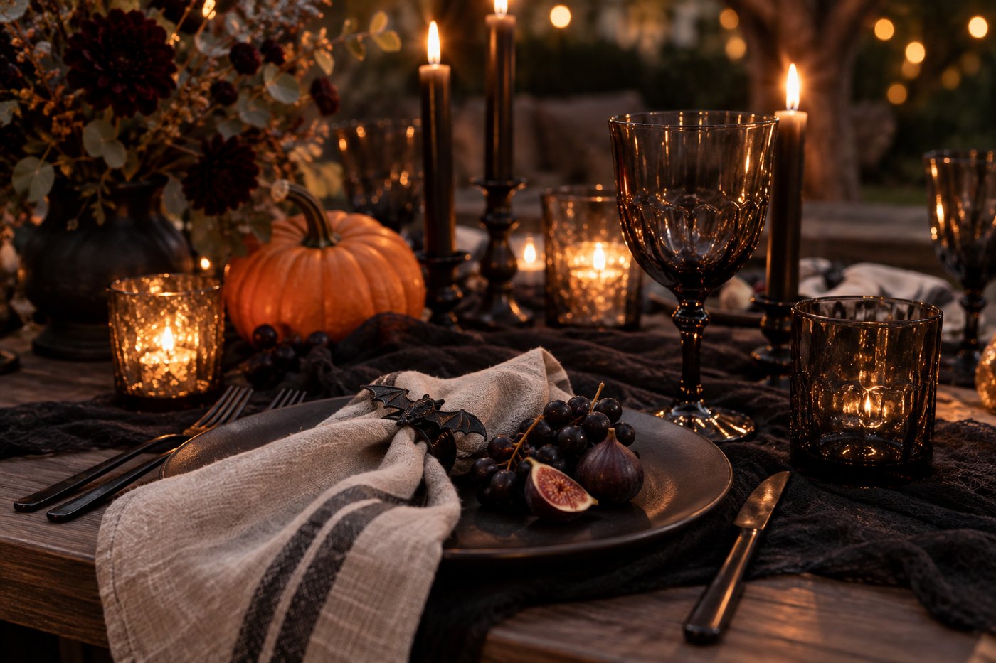 A close view of one Halloween place setting with a dark plate, linen napkin, figs, grapes and smoked glassware.