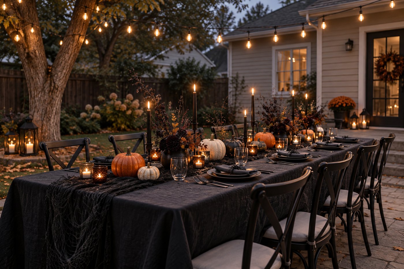 A long outdoor table dressed in black linen with tall candles, dark florals and pale pumpkins under string lights.