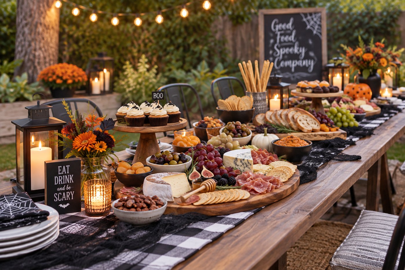 A long wooden table laid with cheese boards, breads, olives, grapes and candles for a Halloween grazing spread.