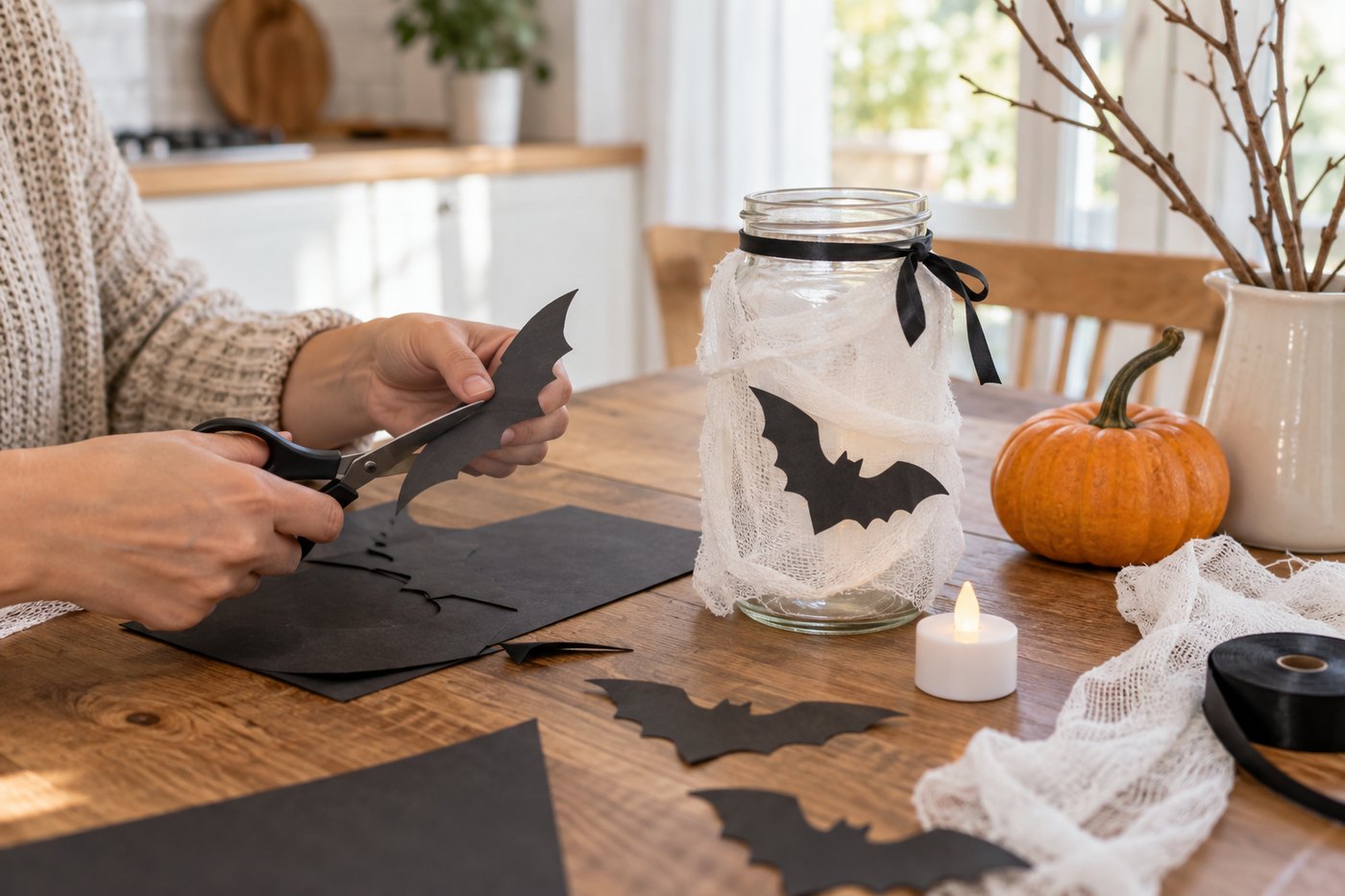Hands cutting bat shapes from black paper at a table, beside a gauze-wrapped jar lantern, a battery tealight and a pumpkin.