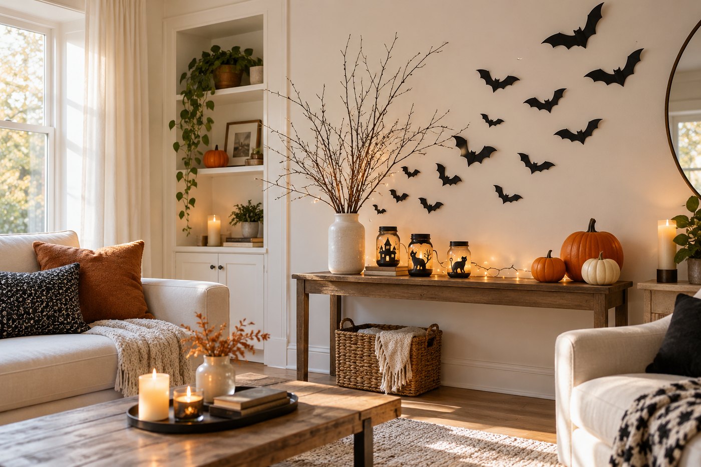 A living room decorated with a paper bat wall, bare branches in a vase, silhouette jar lanterns and a cluster of pumpkins on a console table.