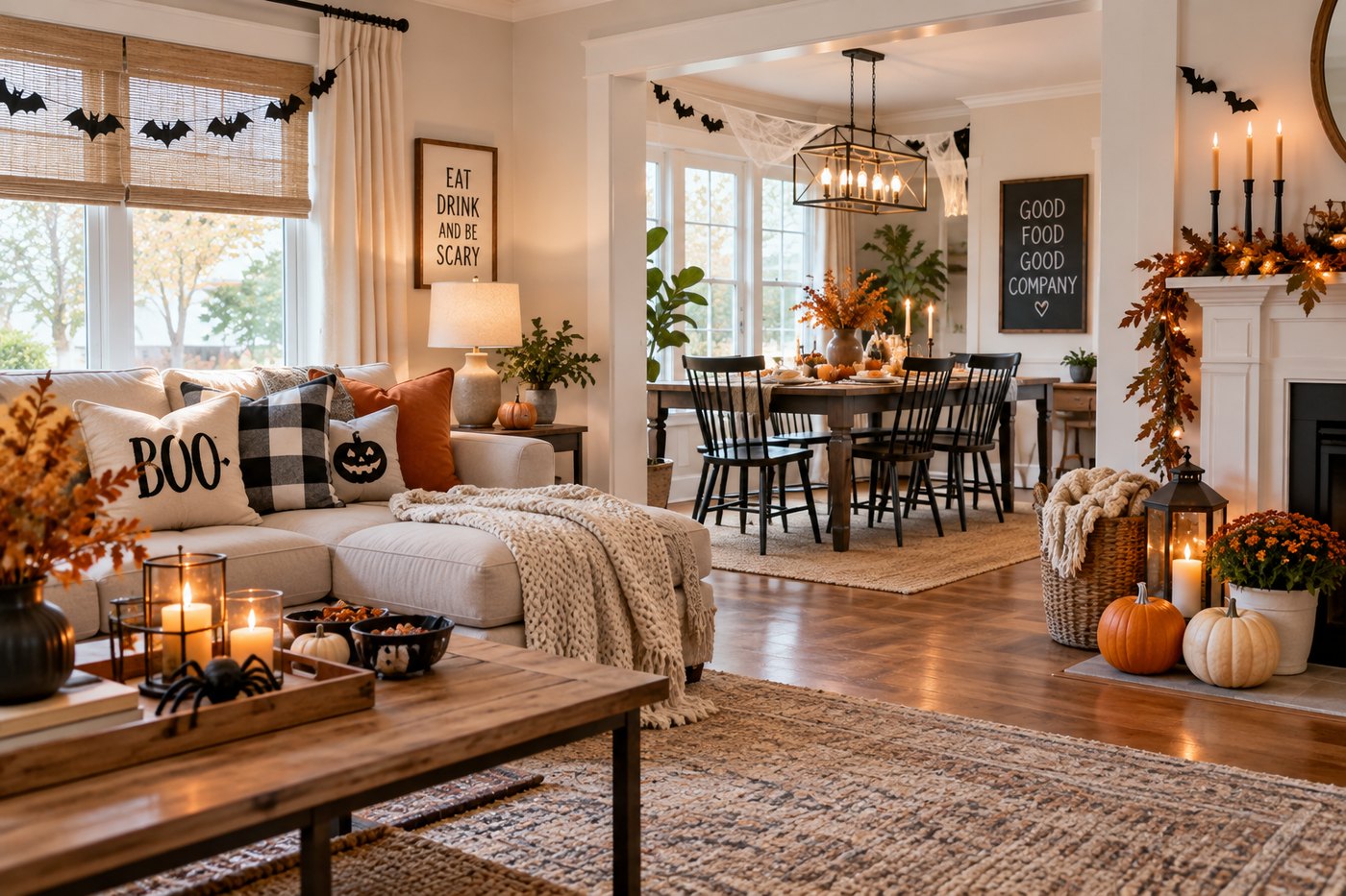 An open-plan living and dining room decorated for Halloween, with seating in one zone and the table set in the next.