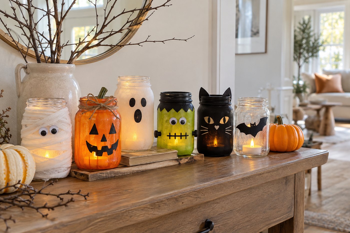 A row of lit Halloween jar lanterns on a console table: a mummy, a pumpkin, a ghost, Frankenstein, a black cat and a bat silhouette.