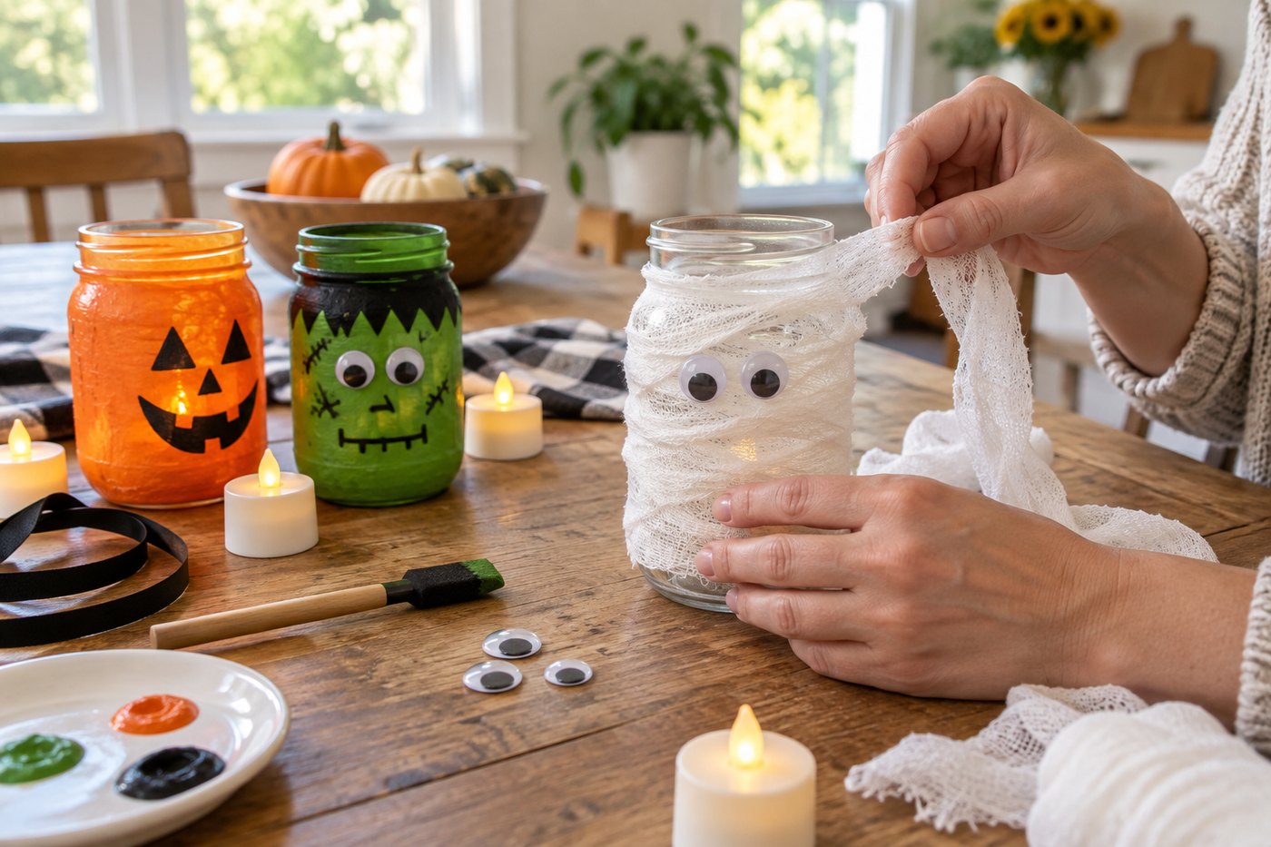 Hands wrapping a glass jar in white gauze to make a mummy lantern, beside finished pumpkin and Frankenstein jars and battery tealights.