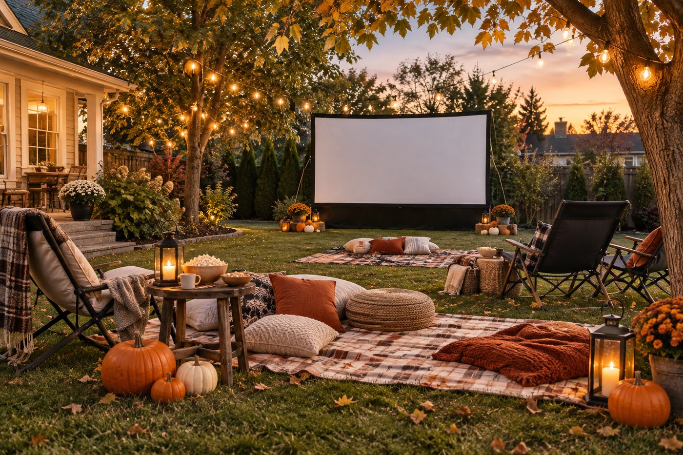 A backyard set up for a movie night at dusk, with a screen, string lights, blankets, cushions and pumpkins around the seating.