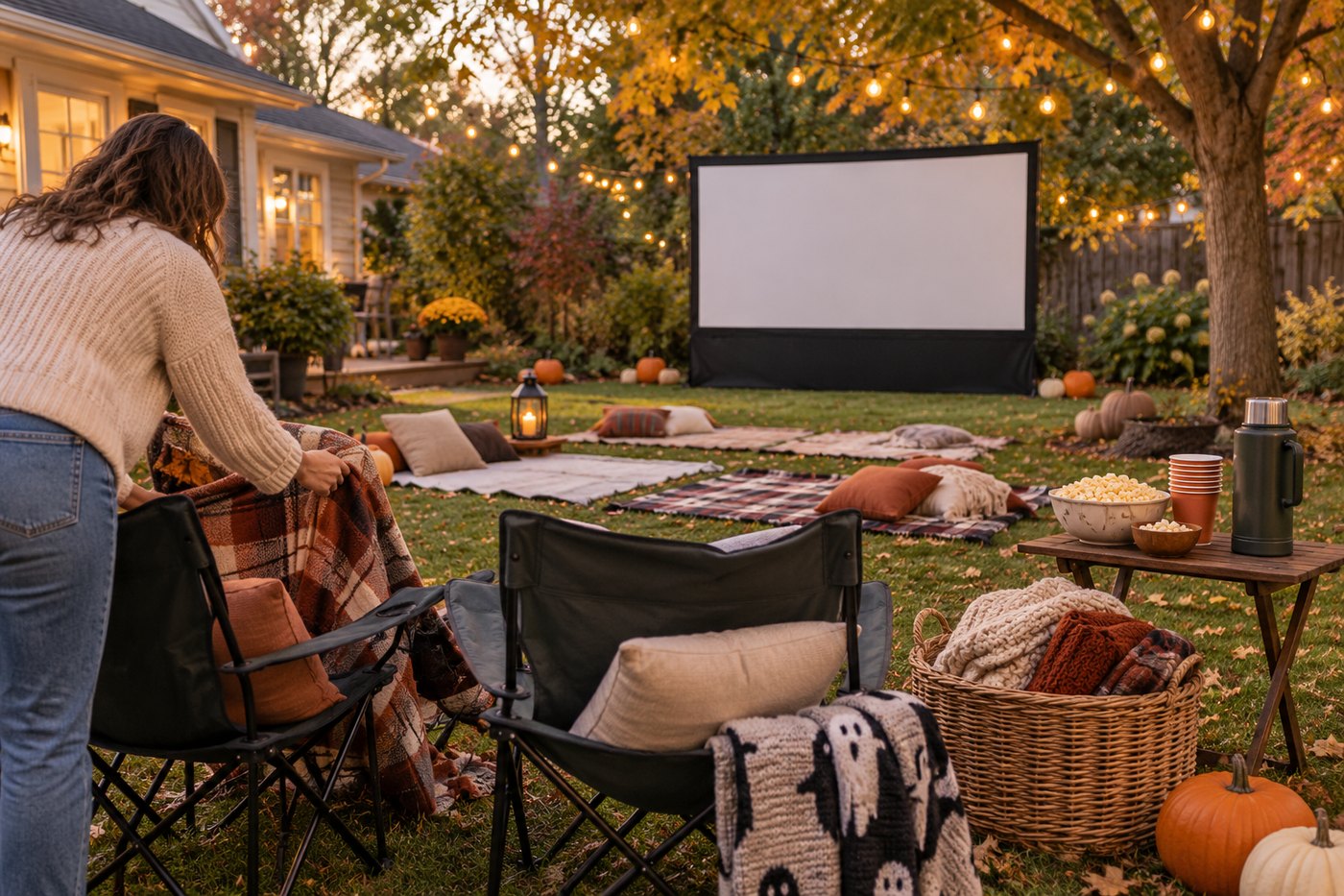 A host arranging blankets over folding chairs in a backyard, with a basket of blankets, popcorn and a flask on a side table.