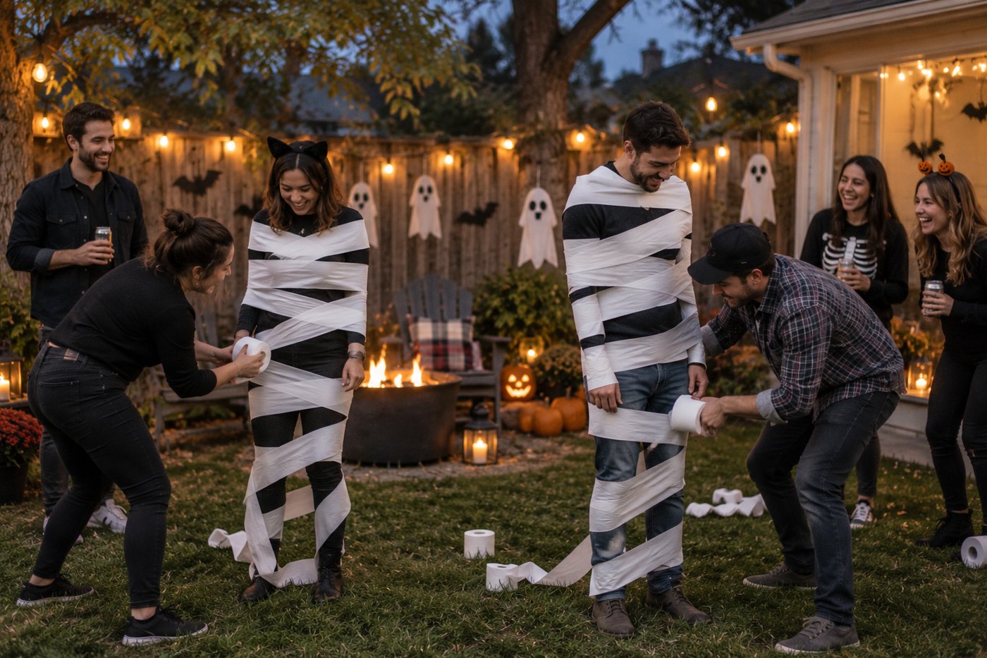 Two teams wrapping friends in paper streamers during a backyard Halloween game, with string lights overhead.