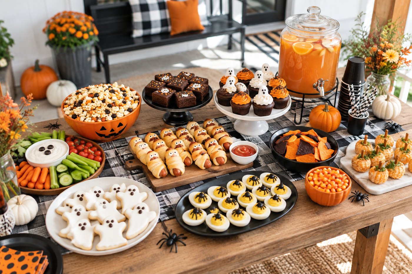A Halloween buffet table with mummy hot dogs, deviled eggs, a vegetable platter, cupcakes and a drink dispenser.