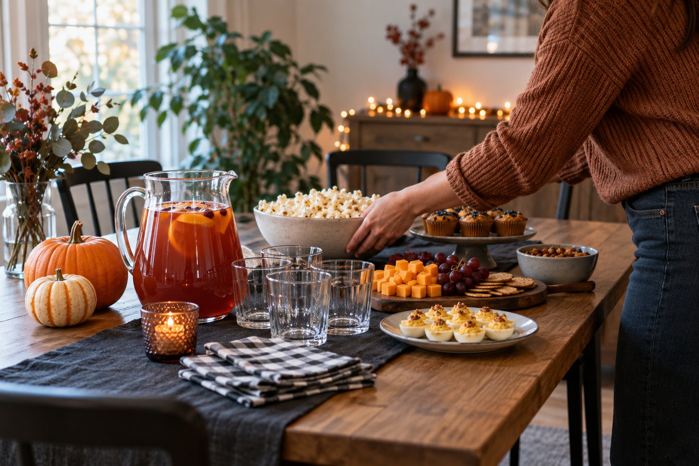 A host setting out a bowl of popcorn beside a pitcher of punch, cheese, grapes, crackers, devilled eggs and cupcakes on a dining table.