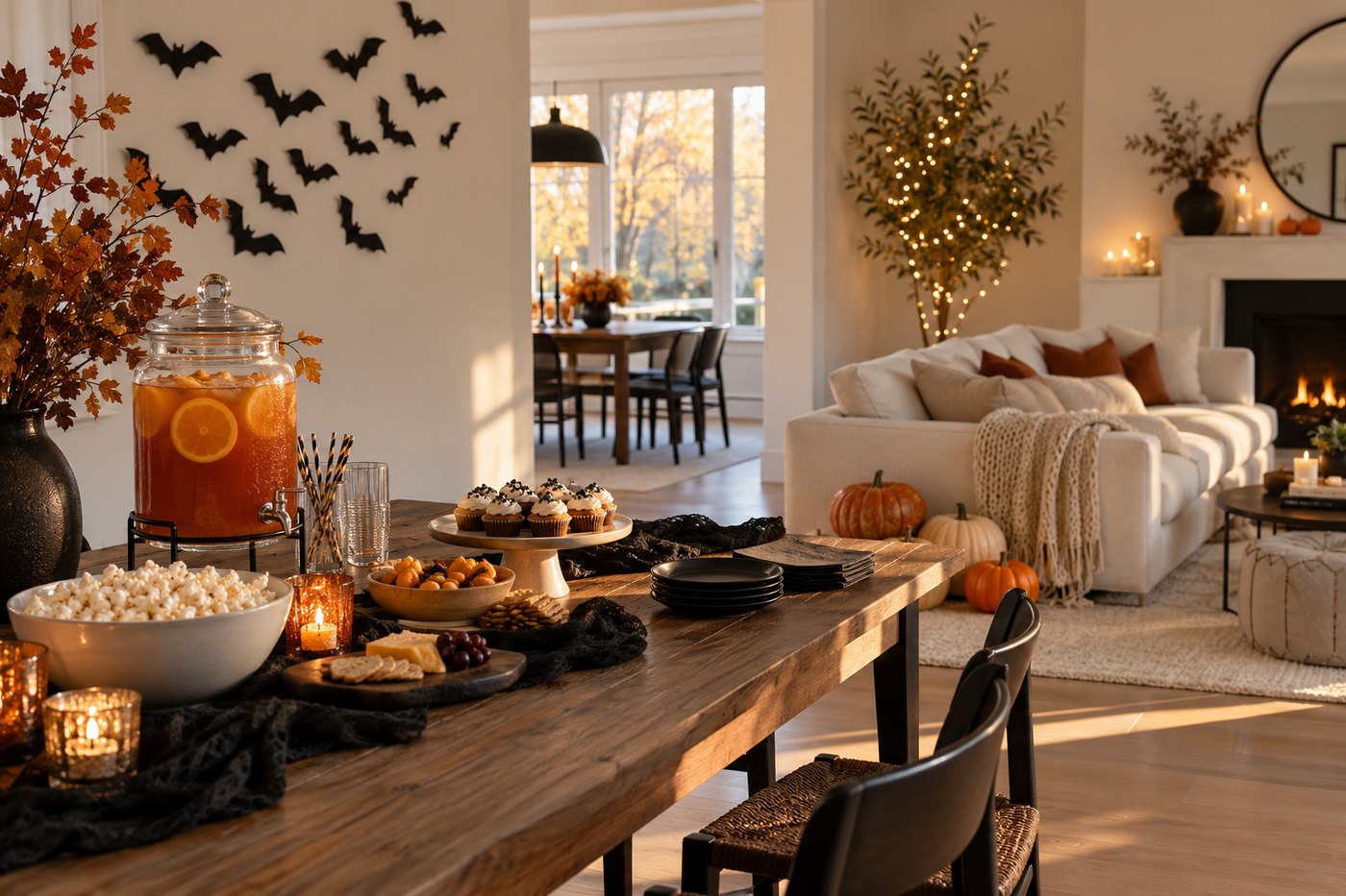 An open-plan room set up for a Halloween party, with a drinks dispenser, snacks and cupcakes on a long table and a paper bat wall behind it.
