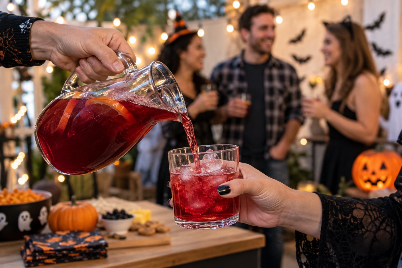 A deep red punch being poured over ice into a tumbler at a Halloween party, with guests talking in the background.