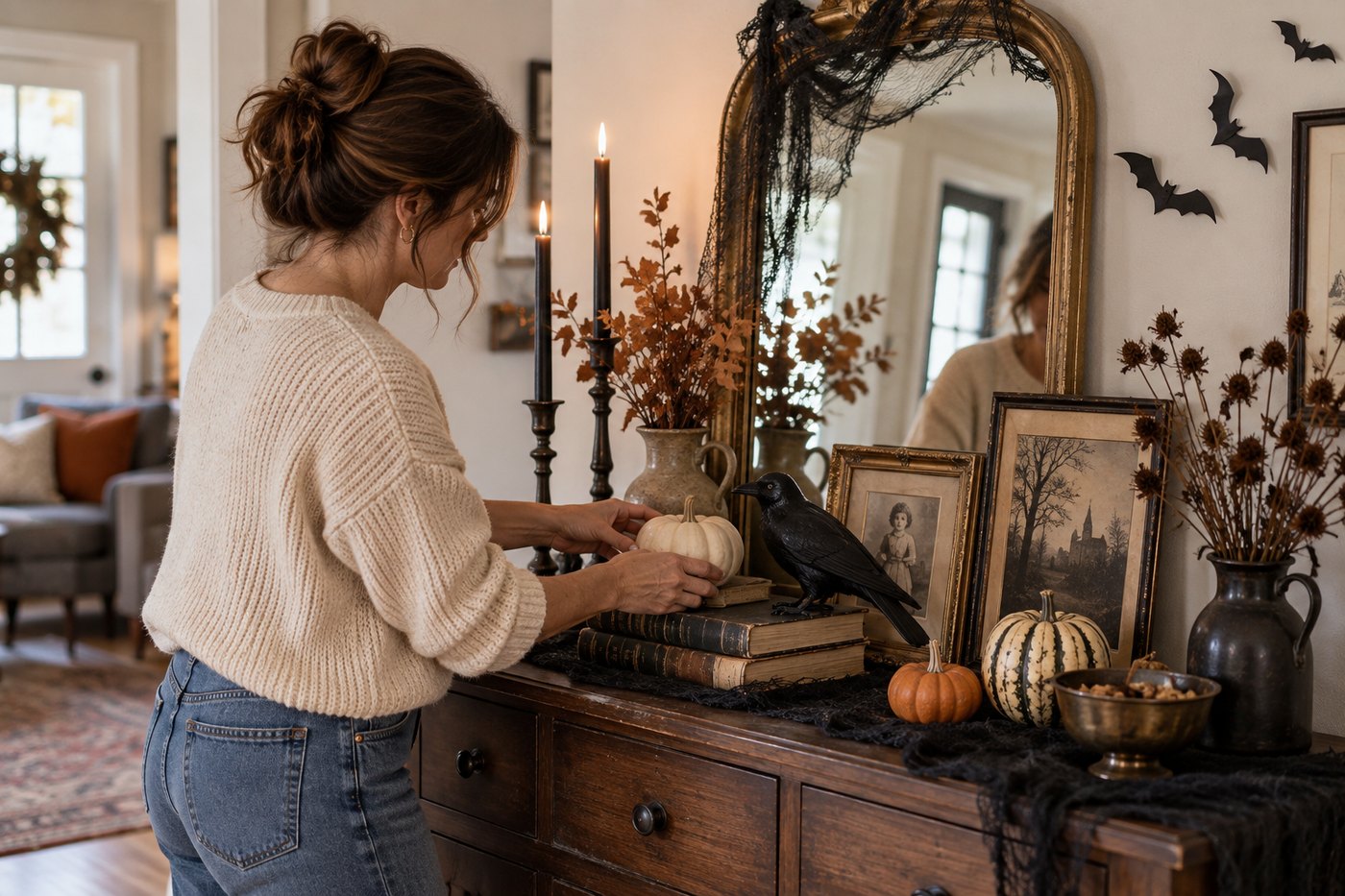A woman arranging pumpkins, old books, a black bird and antique frames on a console below a gilt mirror.