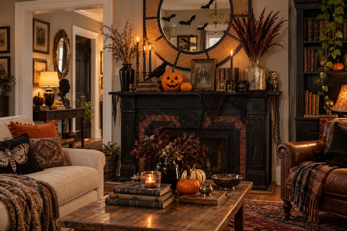A living room styled for vintage Halloween with a dark mantel, old framed portraits, candles and antique books.