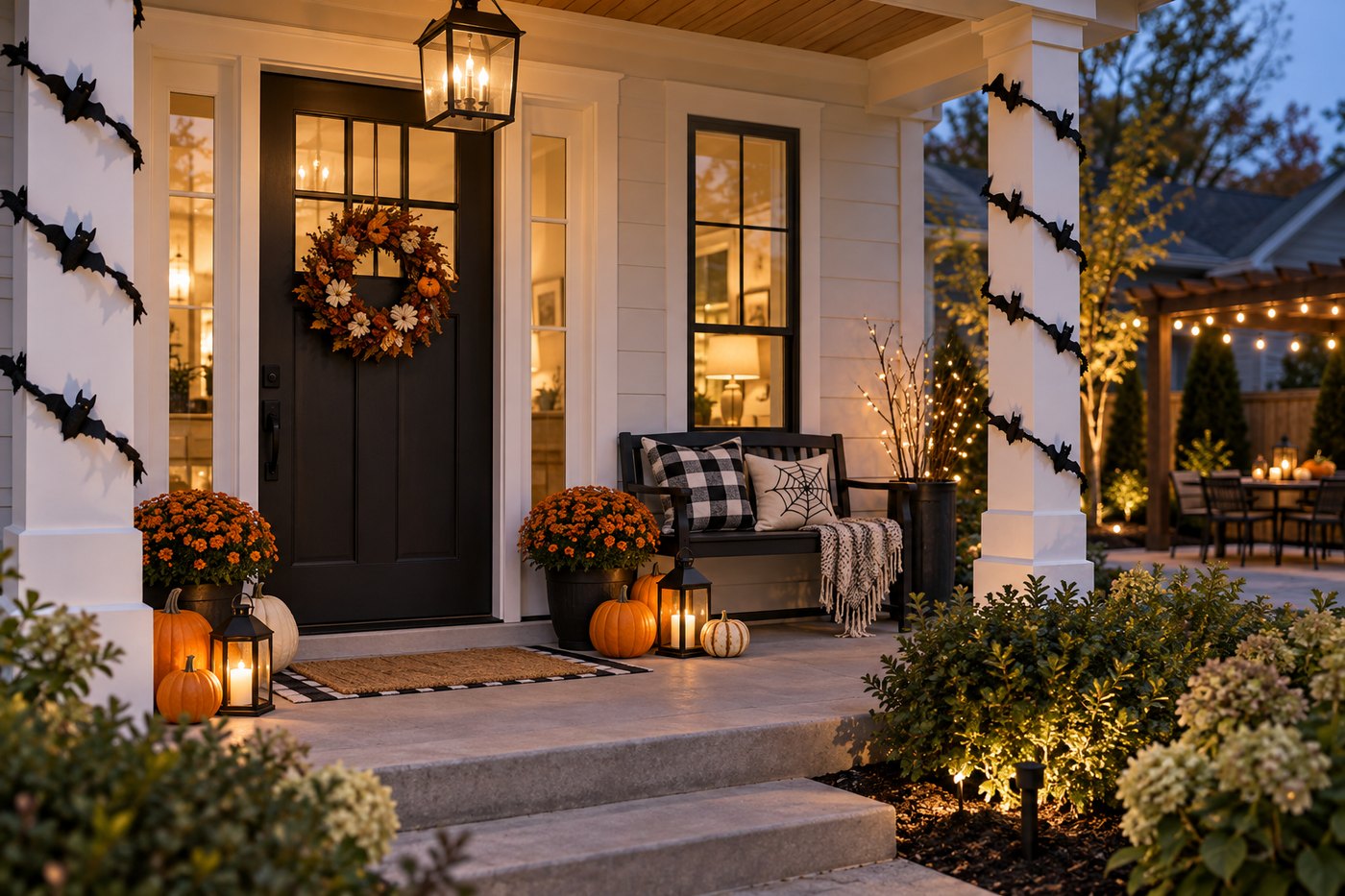 A white porch decorated for Halloween at dusk, with bats on the columns, pumpkins, mums and lit lanterns.