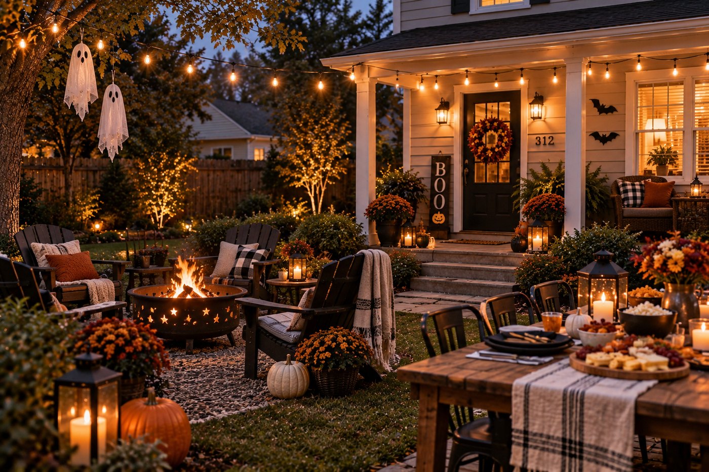 A decorated backyard at dusk with the fire lit, candles burning and the table set, just before guests arrive.