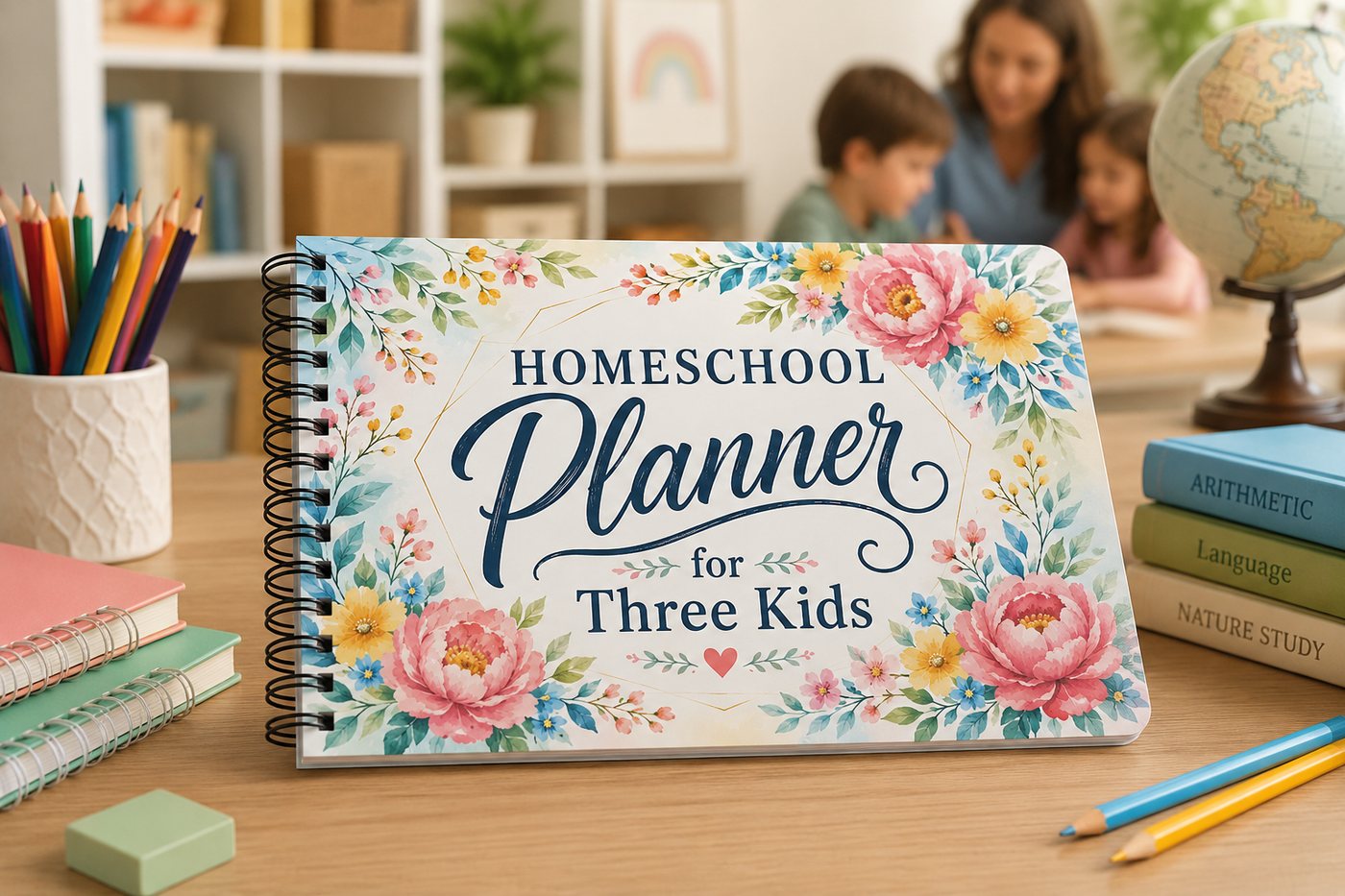 The Homeschool Planner for Three Kids on a table with the family learning behind it.