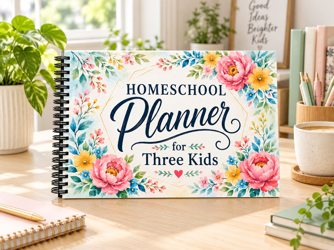 The Homeschool Planner for Three Kids standing on a sunlit desk beside plants, pencils and a mug