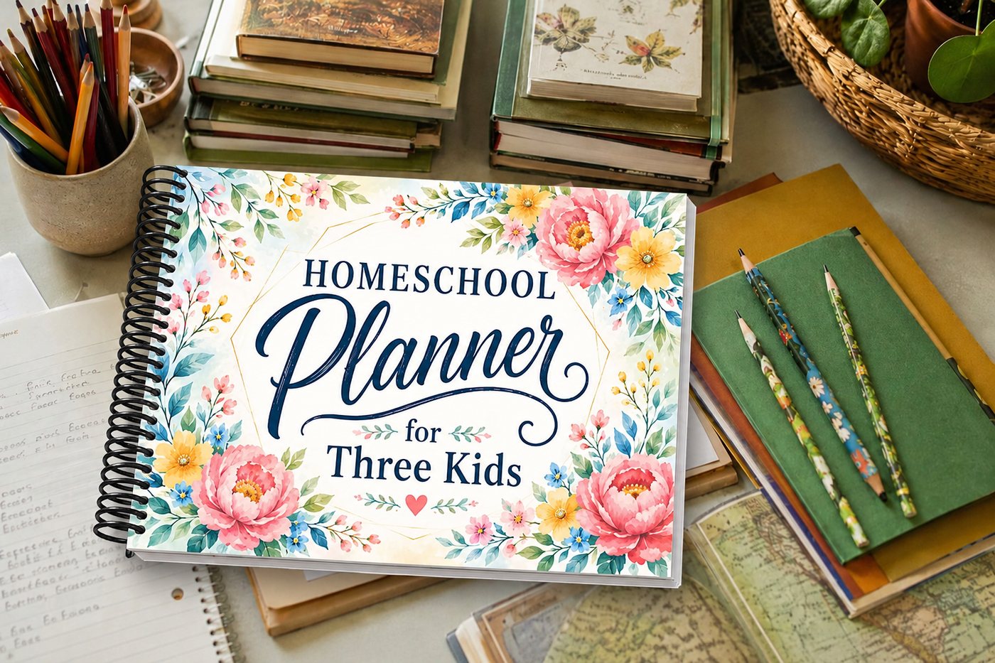 The Homeschool Planner for Three Kids on a desk of books and pencils.