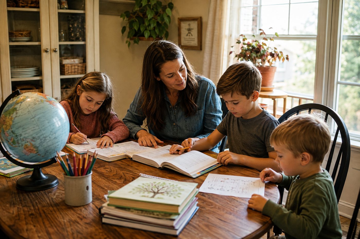 A parent working through lessons with three children at the dining table.