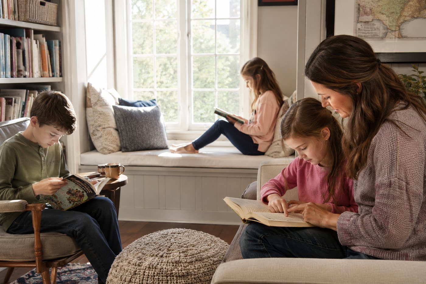 Three children reading in different corners of the same living room.