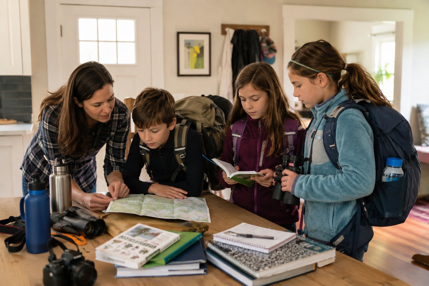 A family checking a map and packing binoculars before a field trip.