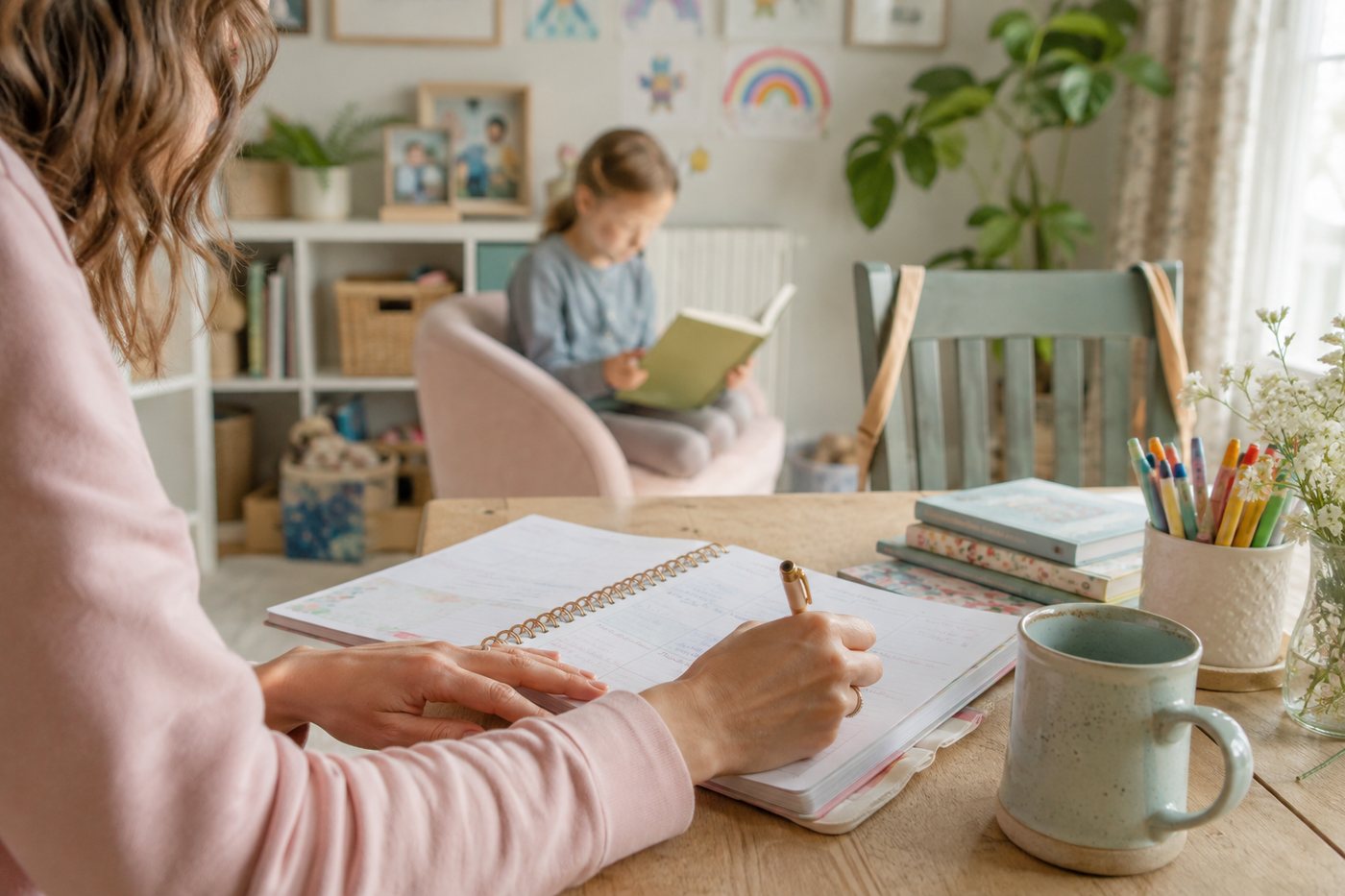 Filling in a record book at the table while a child reads in an armchair nearby.