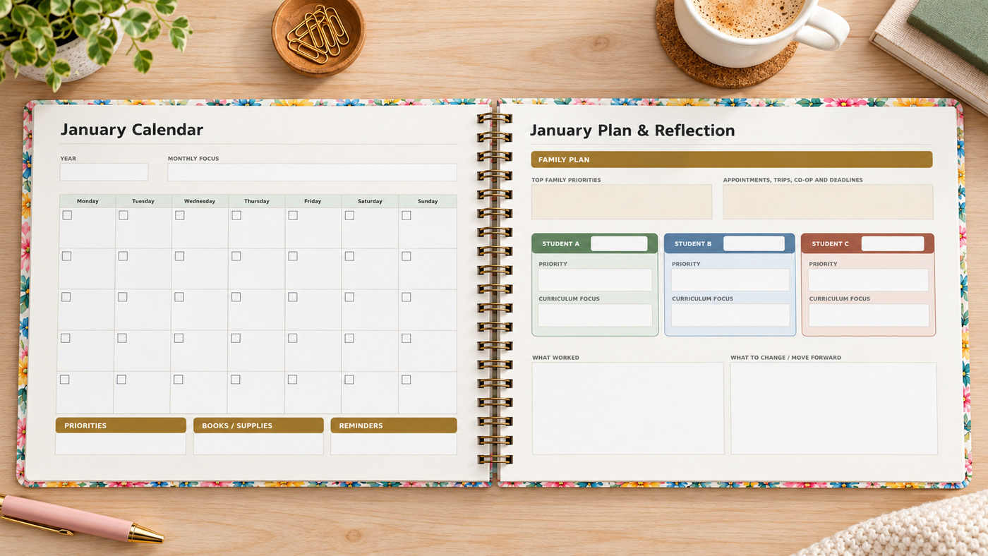 The planner open flat at the January calendar on the left and the January plan and reflection page on the right, with a box for each of the three students