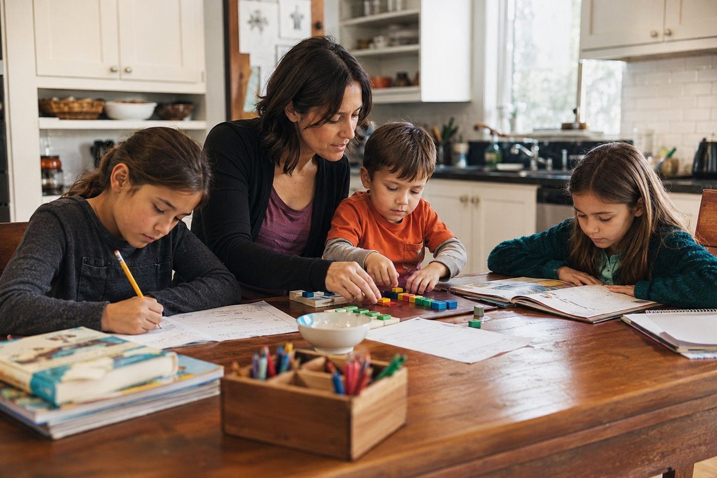 A parent working with children of different ages at the same kitchen table.