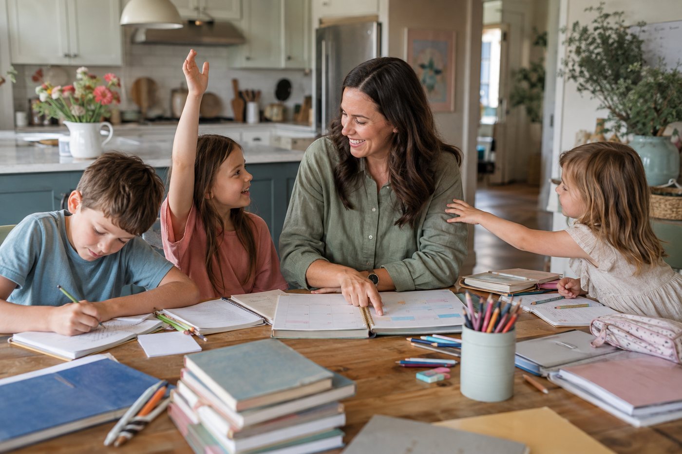 A parent going through the month with three children at the kitchen table.