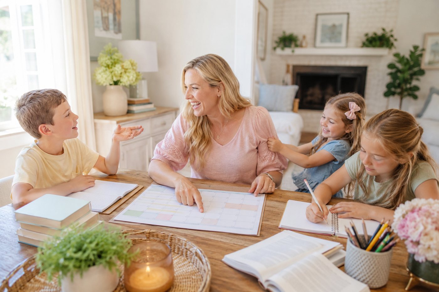 A parent pointing at a monthly calendar with four children around the table.