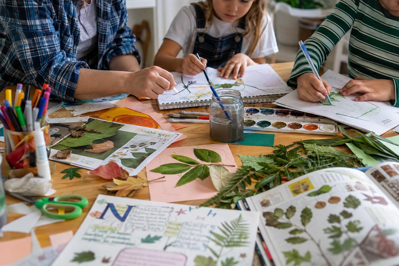 Children pressing leaves and painting them into a nature journal.