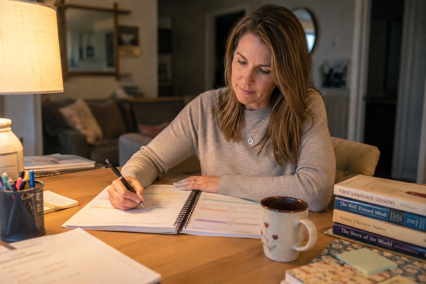A parent filling in attendance records at the kitchen table in the evening.