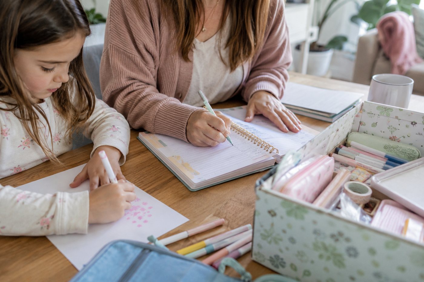 Writing in a planner beside a young child drawing with felt tips.