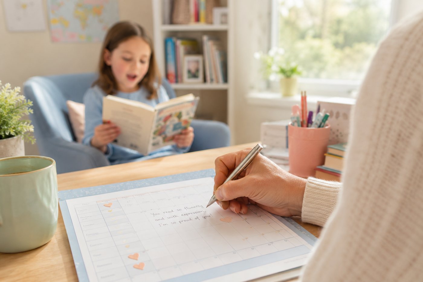 Writing an encouraging note on a reading log while a child reads nearby.