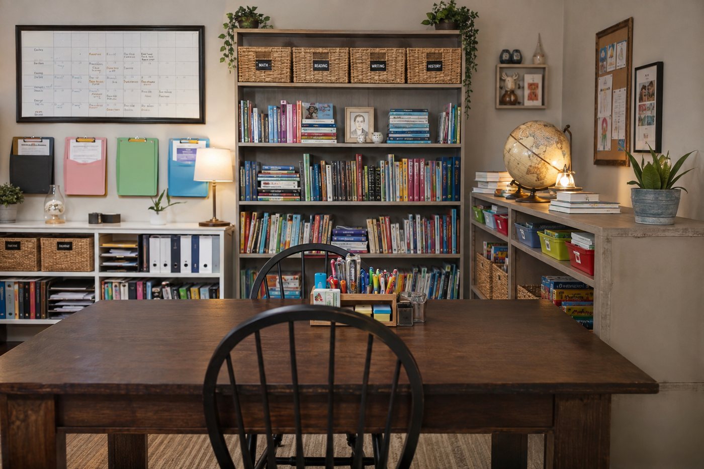 A homeschool room prepared before the year starts, with labelled baskets and a wall calendar.