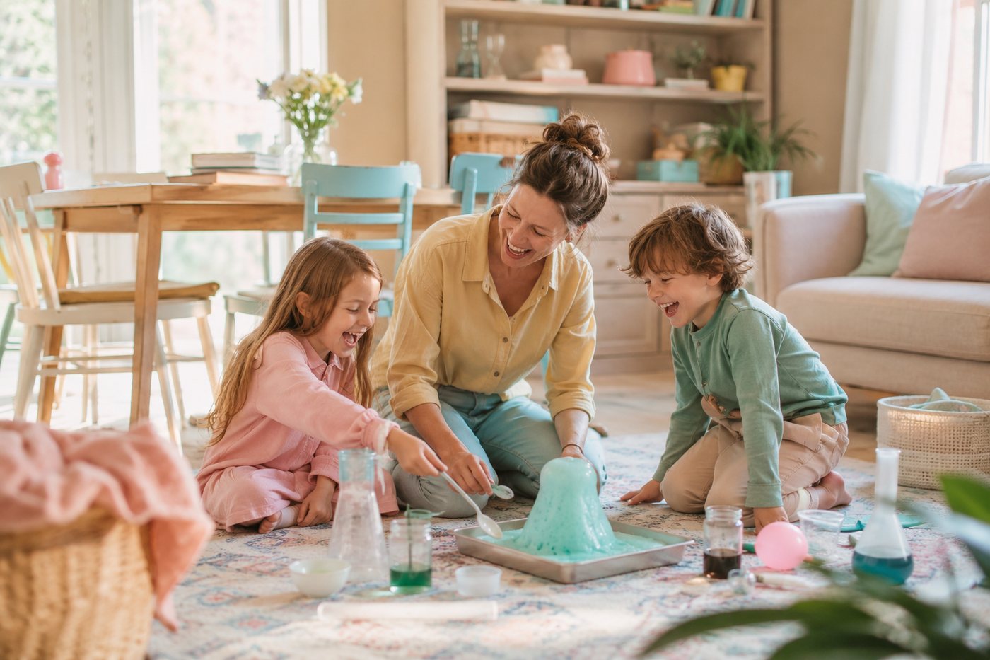 A parent and two children running a foaming science experiment on the rug.