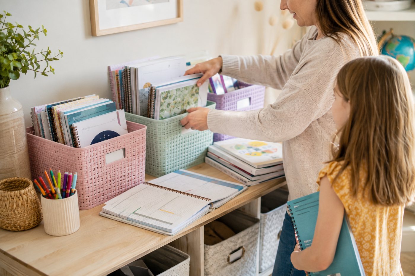 A parent and child filing notebooks and folders into labelled baskets before term starts.